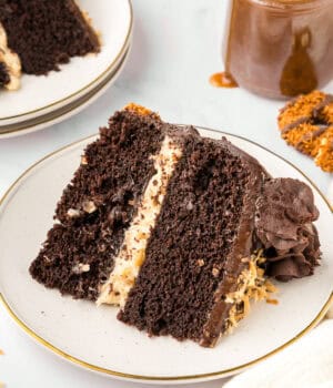 A slice of Samoa cake on a white plate.