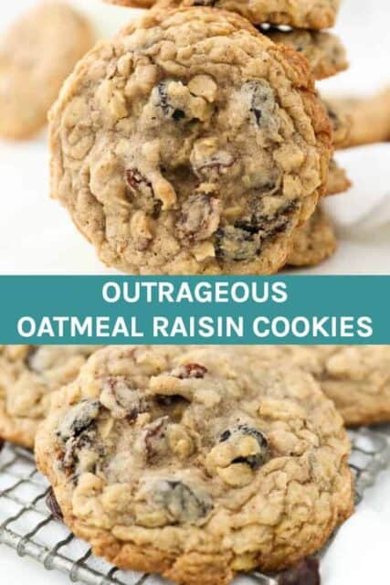 Collage image of two oatmeal raisin cookie images with text in the middle
