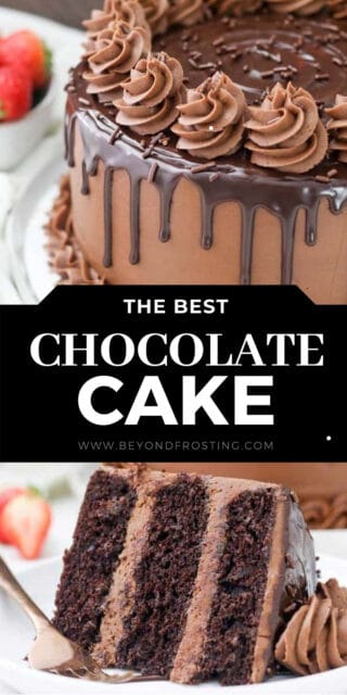 collage image of 2 pictures of chocolate cake with text overlay