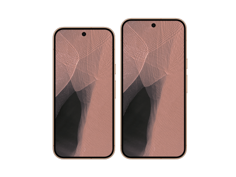 A front view of a Google Pixel 11 Pro and a Google Pixel 11 Pro XL in Canyon