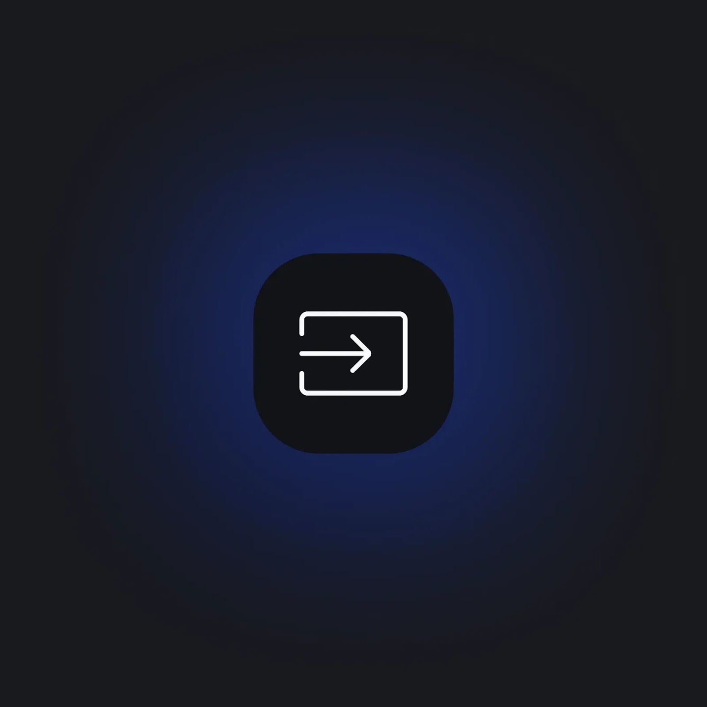 A minimalist icon featuring a white outline of an arrow pointing right into an open square inside a dark rounded square, set against a dark blue glowing background.