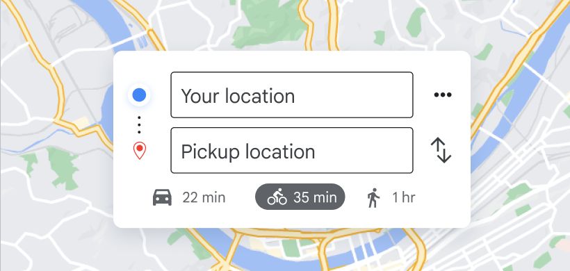 Map interface showing "Your location" to "Pickup location" with travel times for driving, biking, and walking.