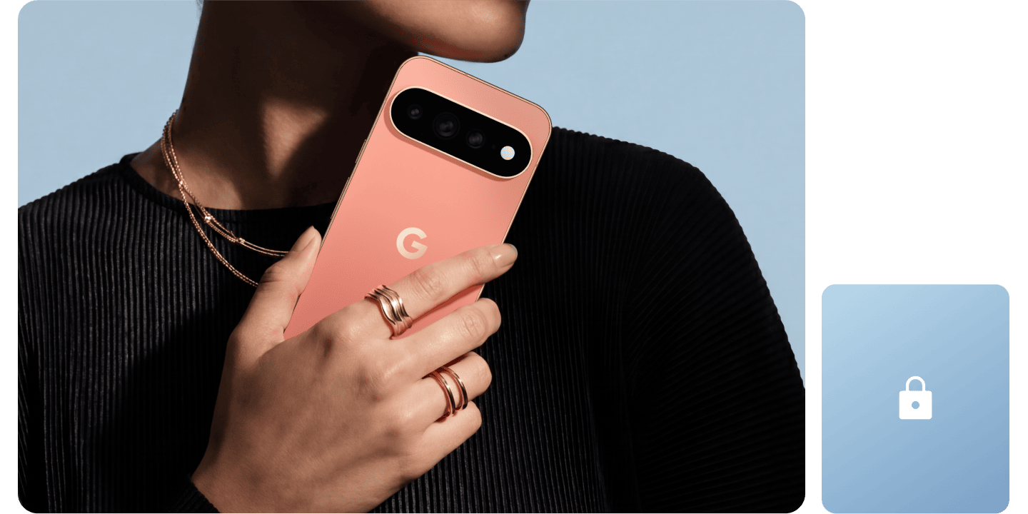A person holding their Canyon Google Pixel 11 Pro close, with a lock icon in the corner.