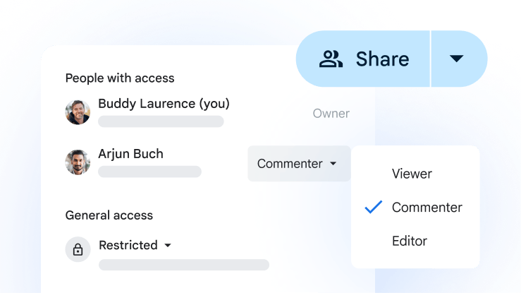 Google Sheets share settings showing controls for assigning access permissions.