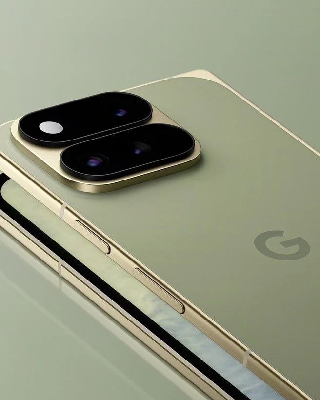 A Google Pixel 11 Pro in olive.