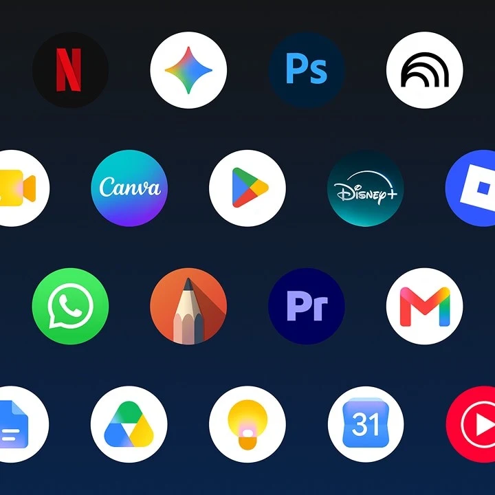 A grid of various app and game icons set against a dark background.