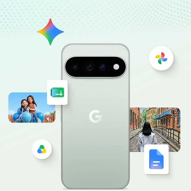 The back of a Google Pixel 11 Pro in Fog, showing Google Workspace icons and two animated static images to the left.