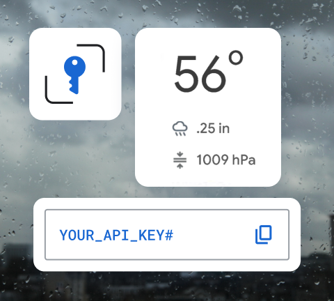 3D city map with an API key text field, a key icon, and location markers over coastal skyscrapers.