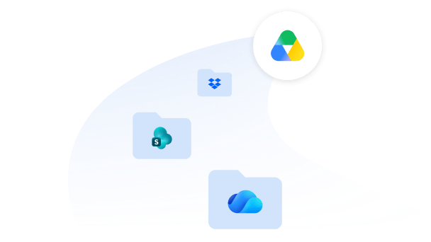 Three folders containing Dropbox, SharePoint, and OneDrive files are migrated into Google Drive. 