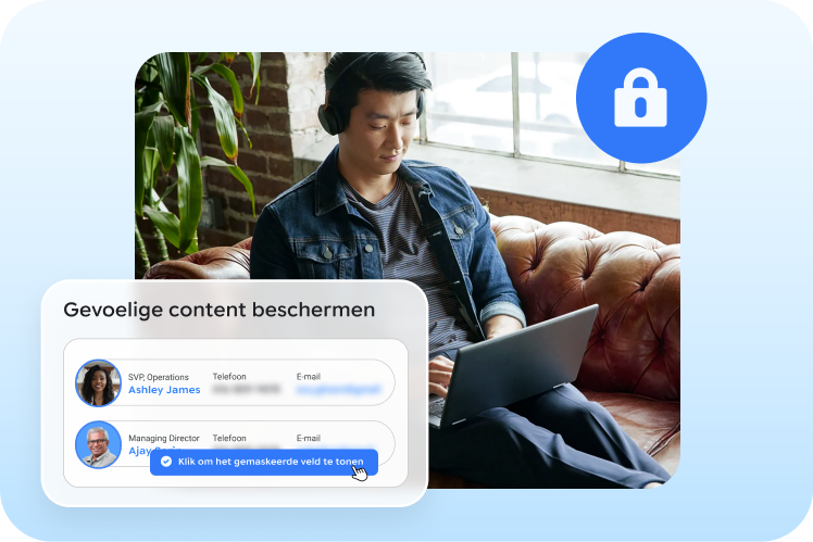 Man wearing headphones works on a laptop while contact information is protected, with a lock icon symbolizing security.