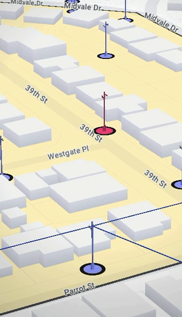 2D street map showing color coded infrastructure placemarks