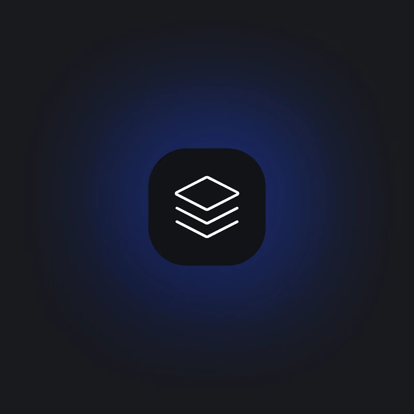 A minimalist icon featuring a white outline of three stacked layers inside a dark rounded square, set against a dark blue glowing background.