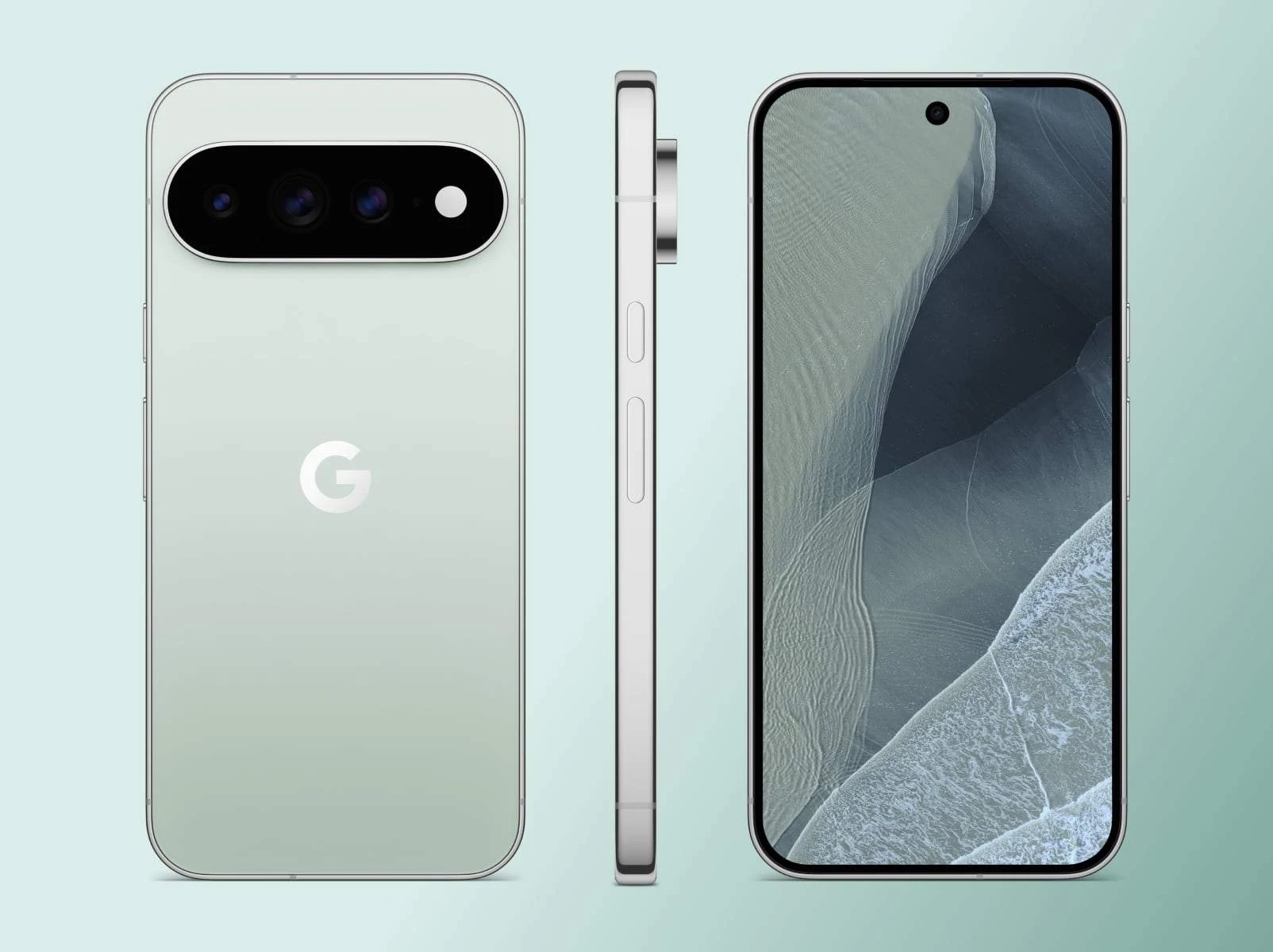 Back, side and front view of a Pixel 11 Pro XL in Fog.