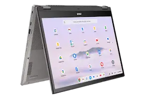 Silver Acer Chromebook convertible laptop open in tent mode displaying the ChromeOS interface with app icons.