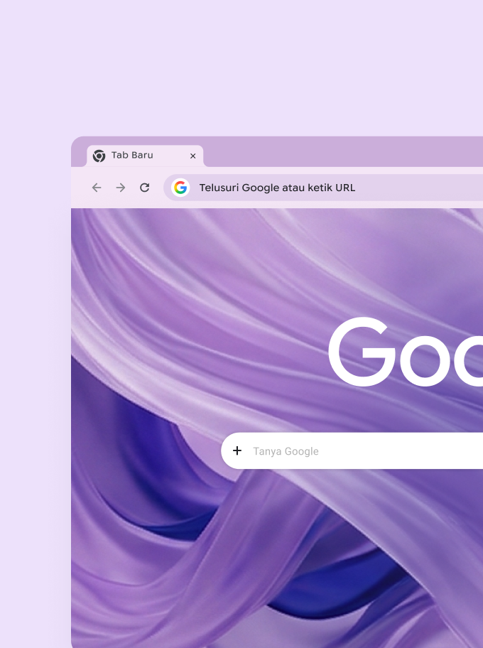 Jendela browser Google Chrome menampilkan tab baru dengan wallpaper abstrak berwarna ungu dan kotak penelusuran.