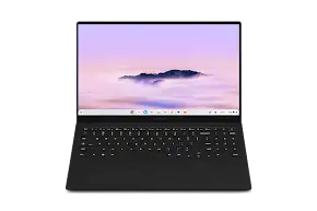Sleek black laptop with a purple mountain landscape wallpaper on its screen, open and displayed on a white background.