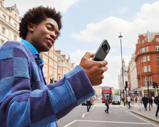 An individual standing in the streets of London, England, looking at his device.