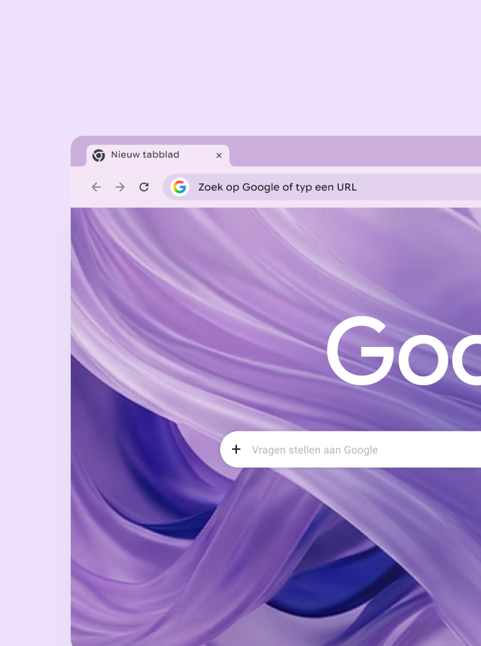 Google Chrome browser window displaying a new tab with a purple abstract wallpaper and search bar.