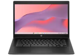HP Chromebook laptop with a colorful abstract wallpaper displayed on its screen.
