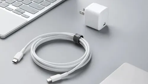 White USB-C cable and charger on a gray surface next to a laptop keyboard.