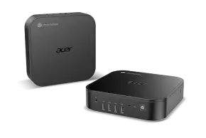 Two compact black Acer Chromeboxes, one showing ports, the other its top.
