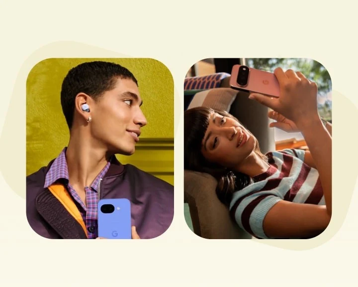 A person standing outdoors in a purple windbreaker jacket, holding a Pixel 10a in Lavender and is wearing Google Pixel Buds 2a in Iris. A person in a striped shirt, lying on a couch, looking at a Google Pixel 11 Pro in Canyon.