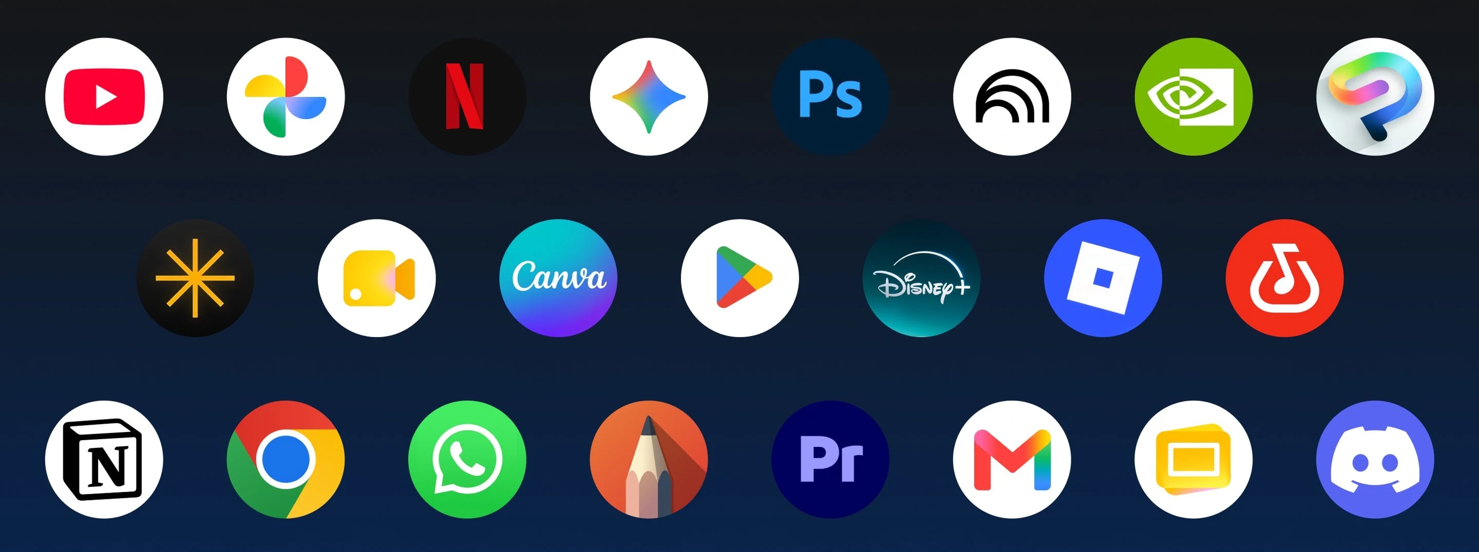 A dense grid of circular app and game icons available on Google Play, including YouTube, Netflix, and Photos.