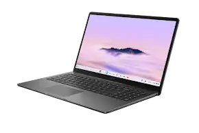 Modern dark gray laptop with a vibrant wallpaper displayed on its screen.