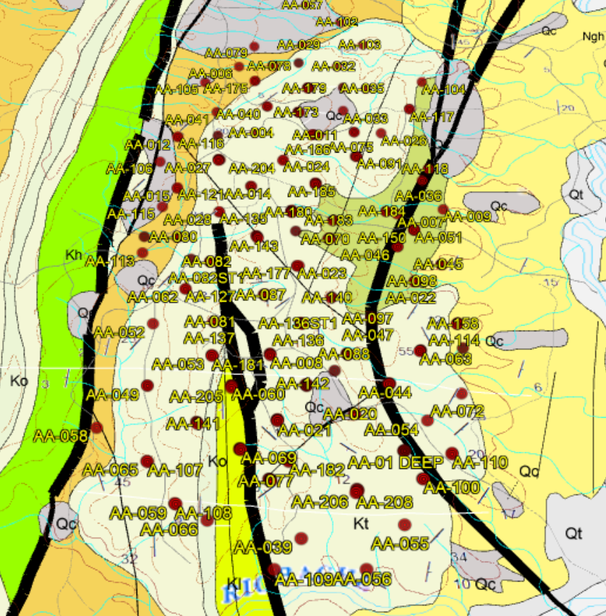 Geological map displaying color-coded terrain, thick black fault lines, and numerous labeled borehole points.