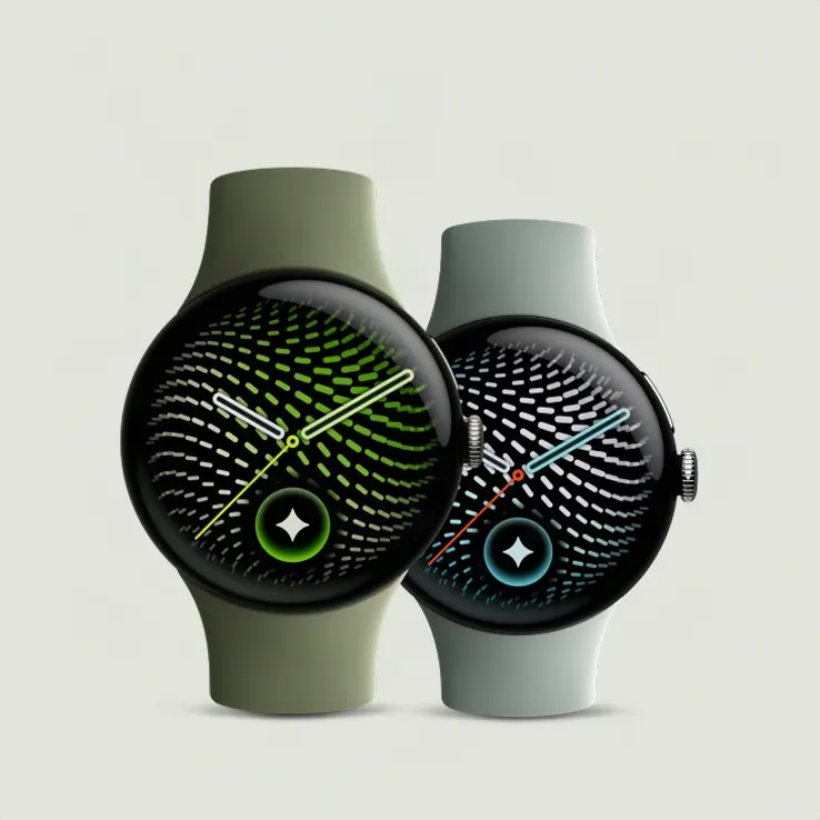 Two Pixel watches, one wristband in Moonstone color and one in Porcelain
