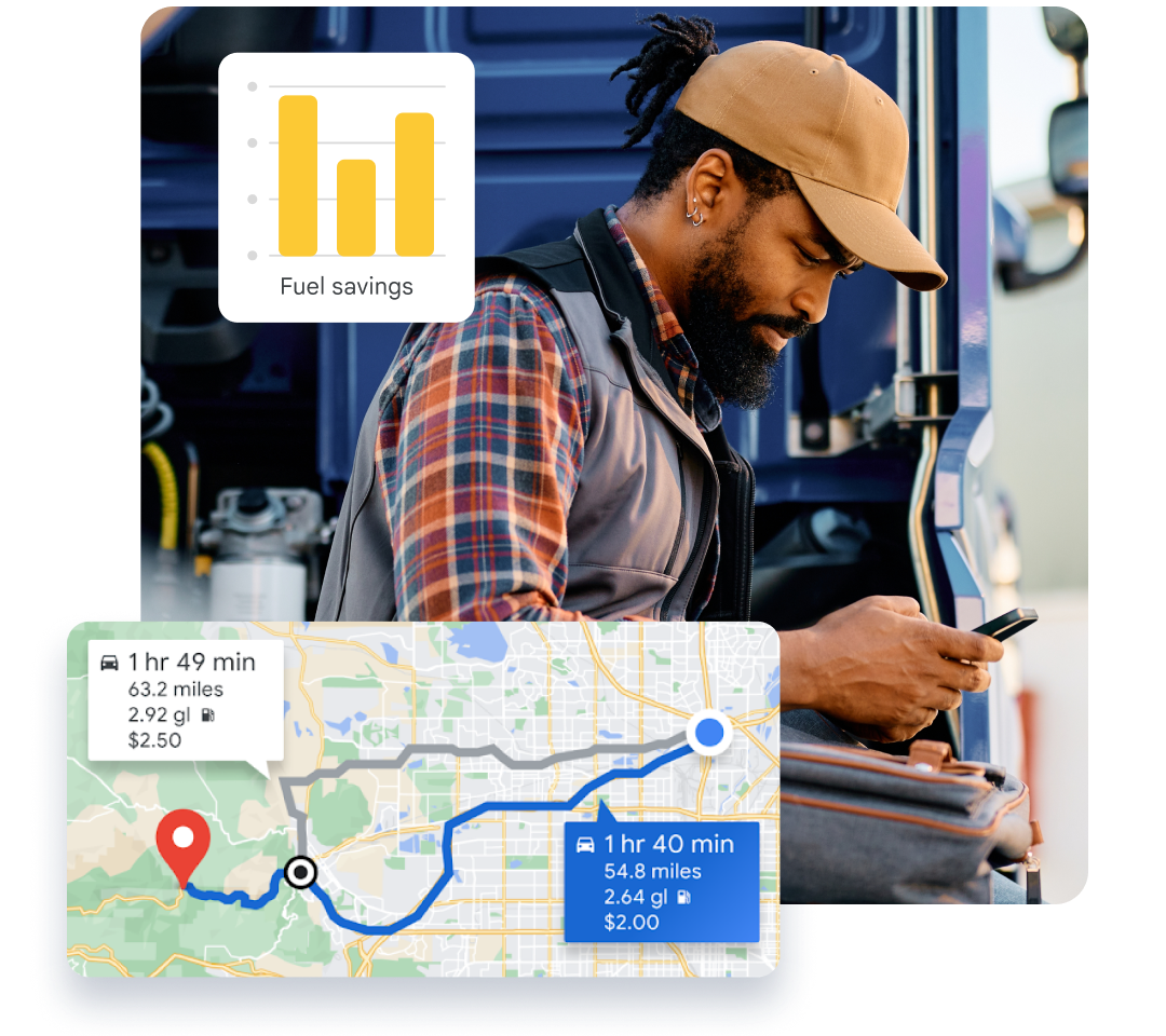 Truck driver using a mobile app with fuel savings and route optimization graphics overlaid.