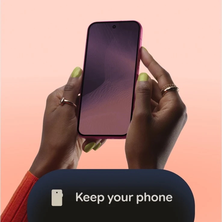 Hands holding a Google Pixel 11 in Hibiscus, with an overlay reading "Keep your phone" with a phone/SIM card icon.