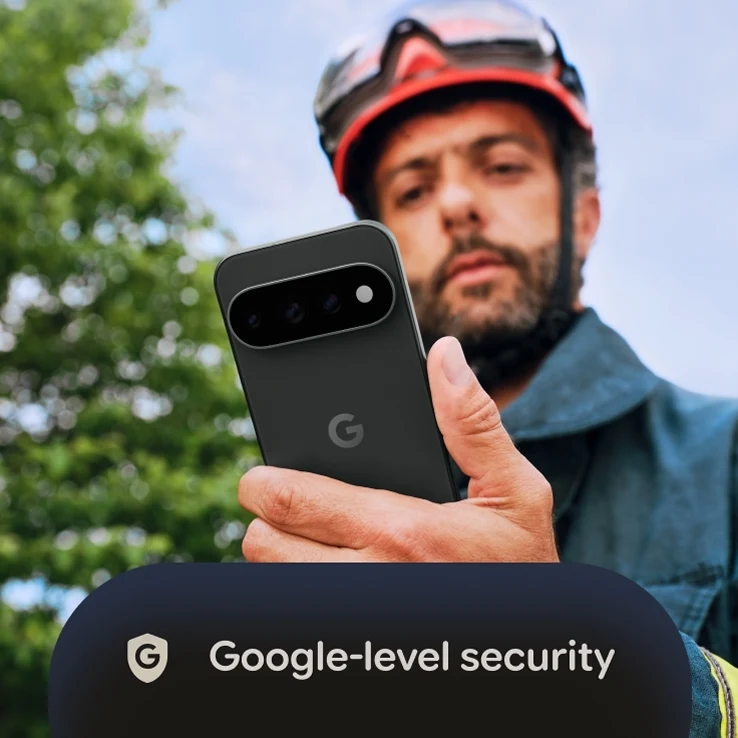 A man wearing a helmet and glasses holding a Google Pixel 10 Pro in Obsidian, with an overlay reading "Google-level security" with a Google shield icon.
