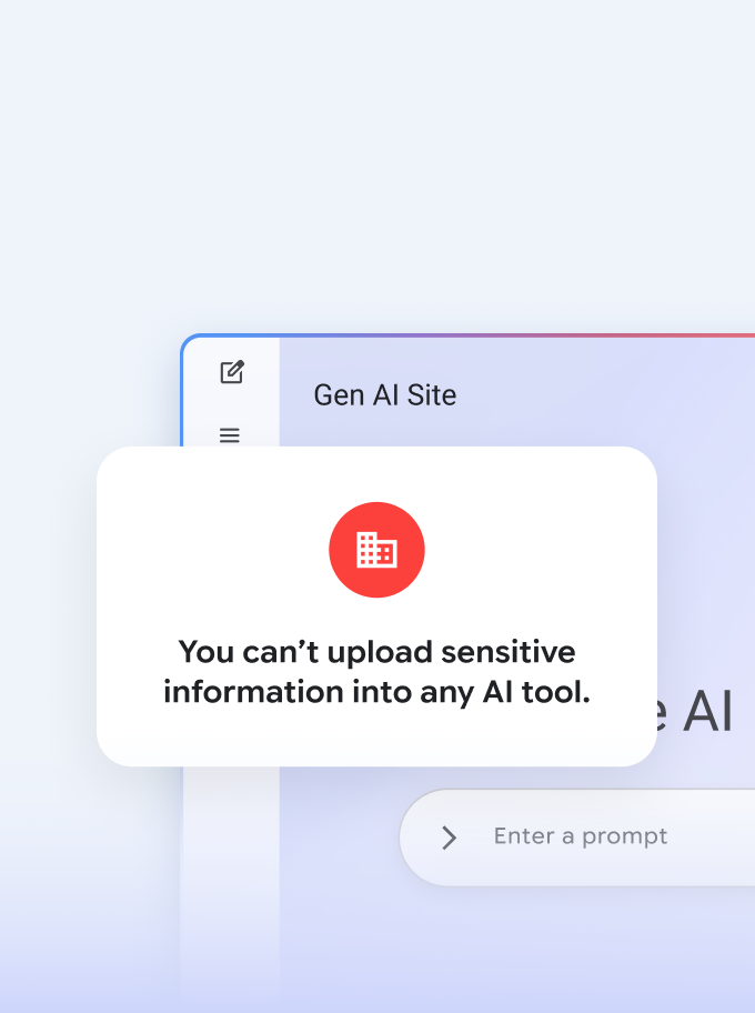 AI site displaying a warning about uploading sensitive information to AI tools. Prompt input field visible.