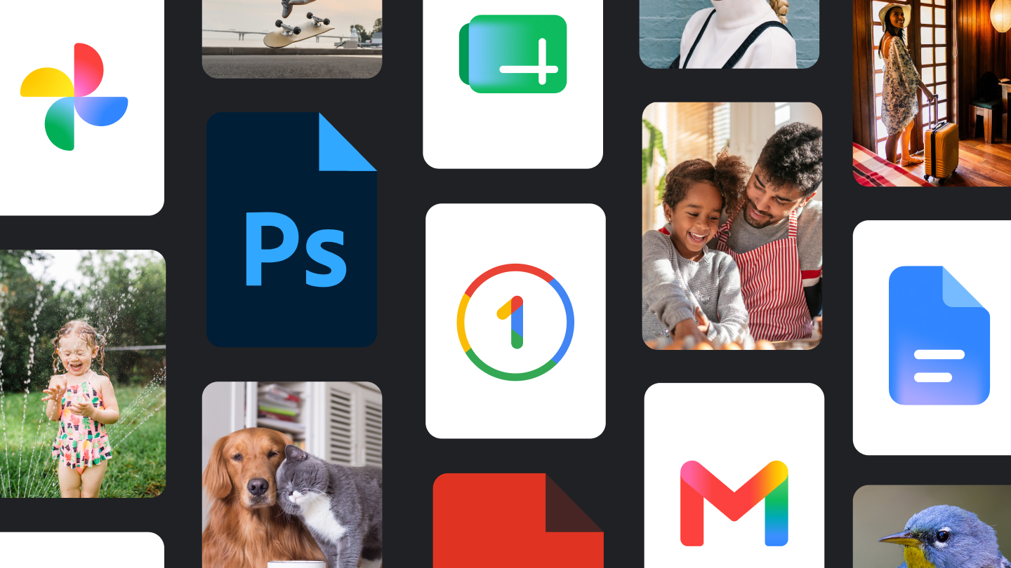 A collage of tiles displaying Google apps and photos.