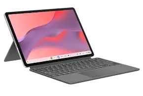 Gray 2-in-1 laptop with detached keyboard and stand, featuring a vibrant screen display.