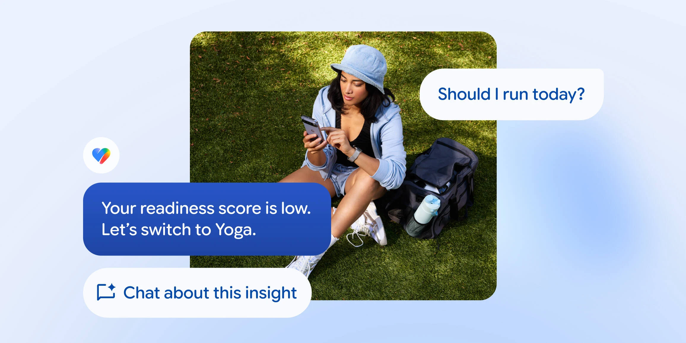 A woman in athletic wear sits on the grass, looking at her phone as a fitness app suggests switching to yoga due to a low readiness score.