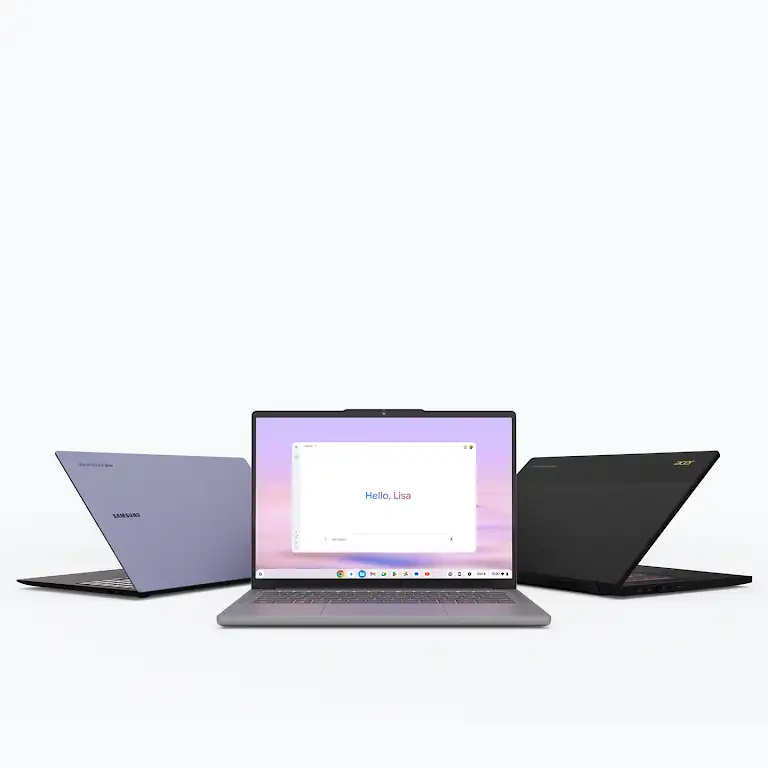 Video which rotates around different people using a Chromebook. The video resolves with a Chromebook Plus device facing forward.