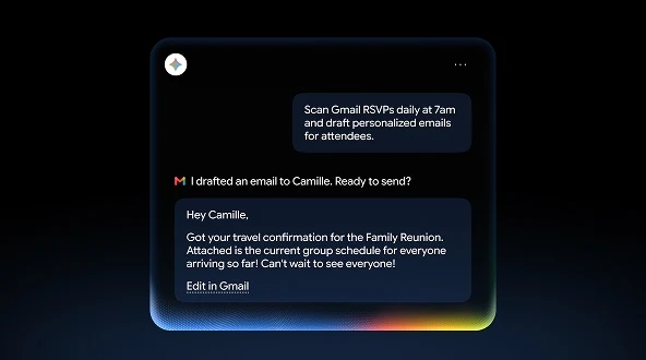 A Gemini assistant window displaying an automated request to scan RSVPs and a drafted email response.