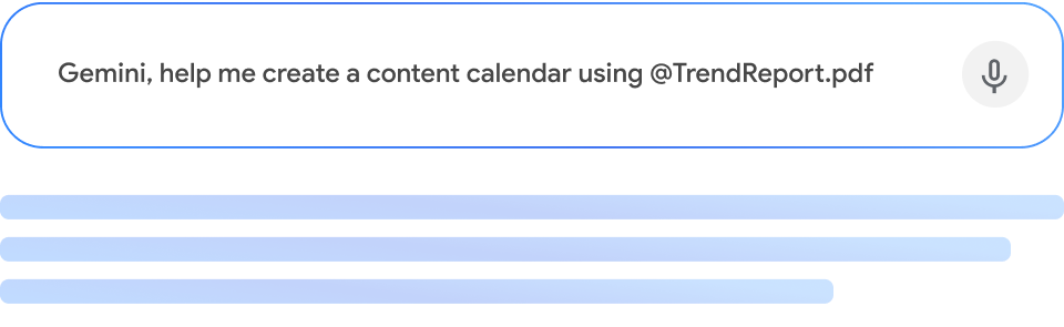 An image of the Gemini prompt bar, displaying a prompt about creating a content calendar using a PDF.