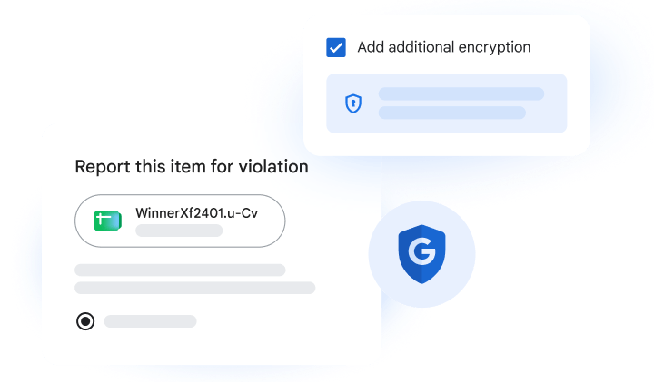 Visual representation of Google Sheets security features including additional encryption and controls for reporting content violations.