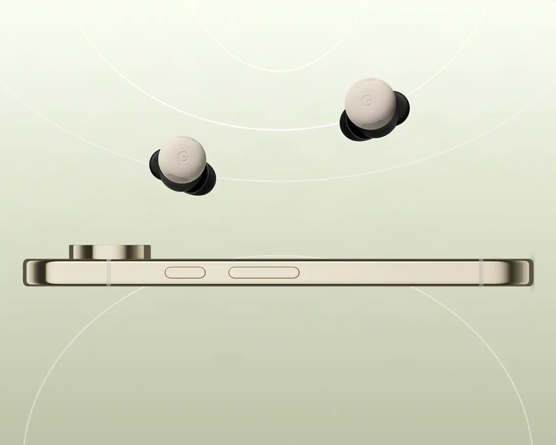 Pixel Buds Pro 2 in Hazel color above a Pixel phone in a similar color