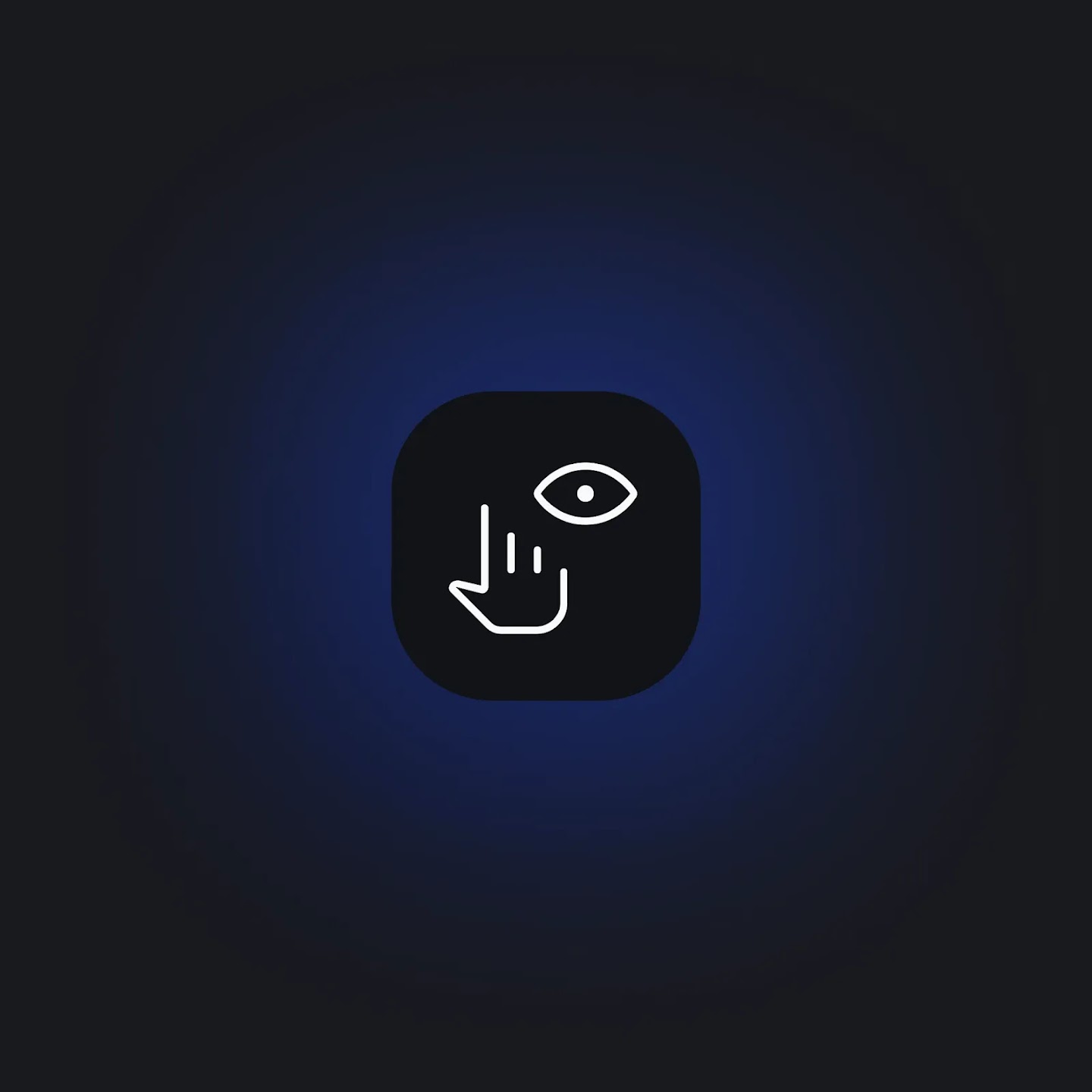 A minimalist icon featuring a white outline of an eye and a pointing hand inside a dark rounded square, set against a dark blue glowing background.