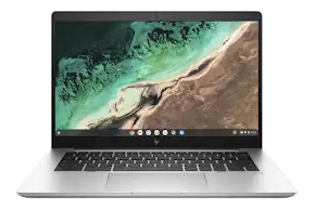 Silver HP Chromebook laptop with a large screen displaying a scenic landscape, open keyboard, and trackpad.