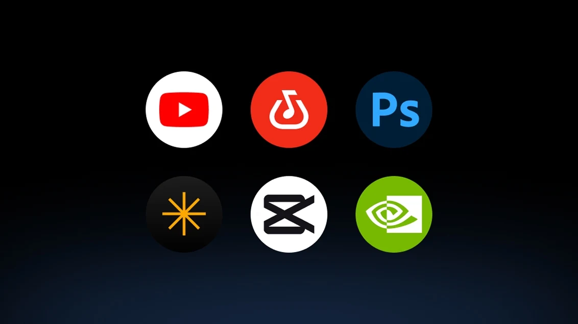 A grid of various app and game icons set against a dark background.
