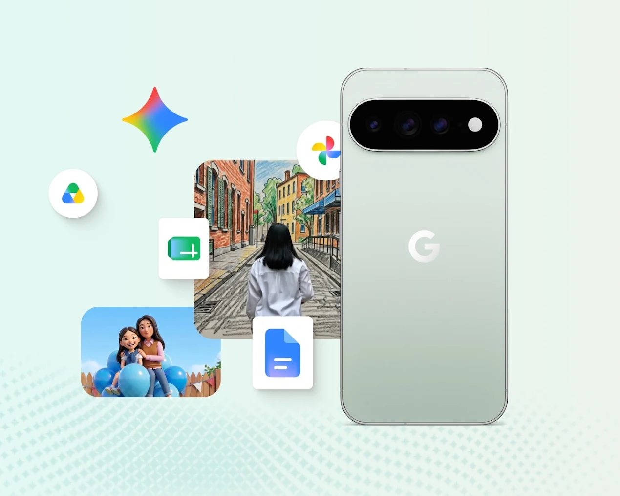 The back of a Google Pixel 11 Pro in Fog, showing Google Workspace icons and two animated static images to the left.