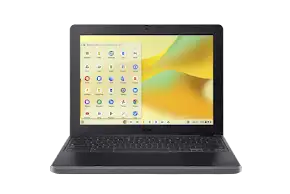 Black Chromebook laptop open with app launcher visible on screen, showing various app icons.