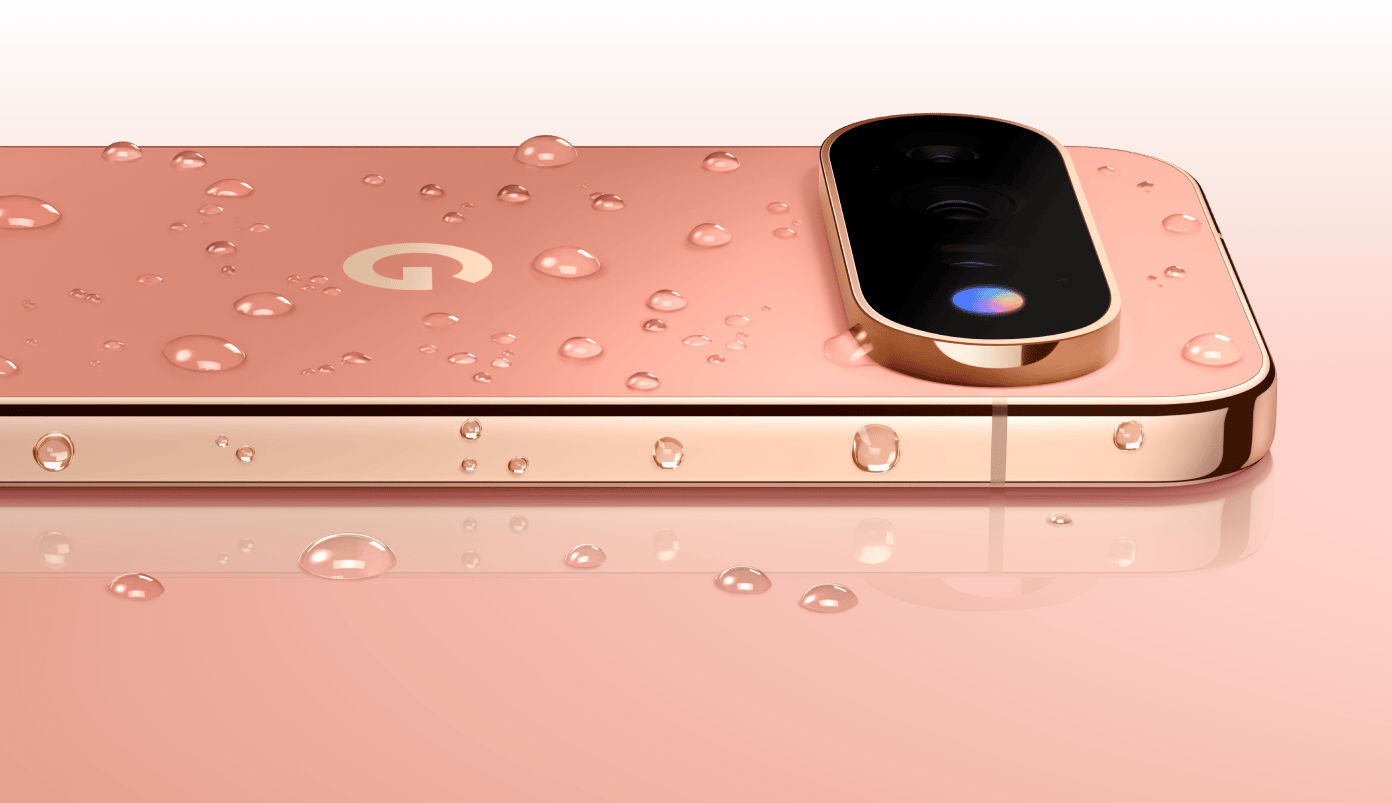 Google Pixel 11 Pro in Canyon, surrounded by water droplets resting on a pink reflective surface.