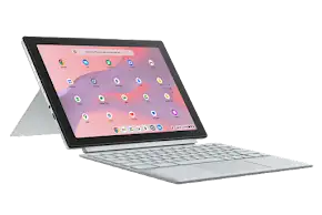 Silver 2-in-1 Chromebook tablet with detachable keyboard and stylus, displaying Google Chrome OS.