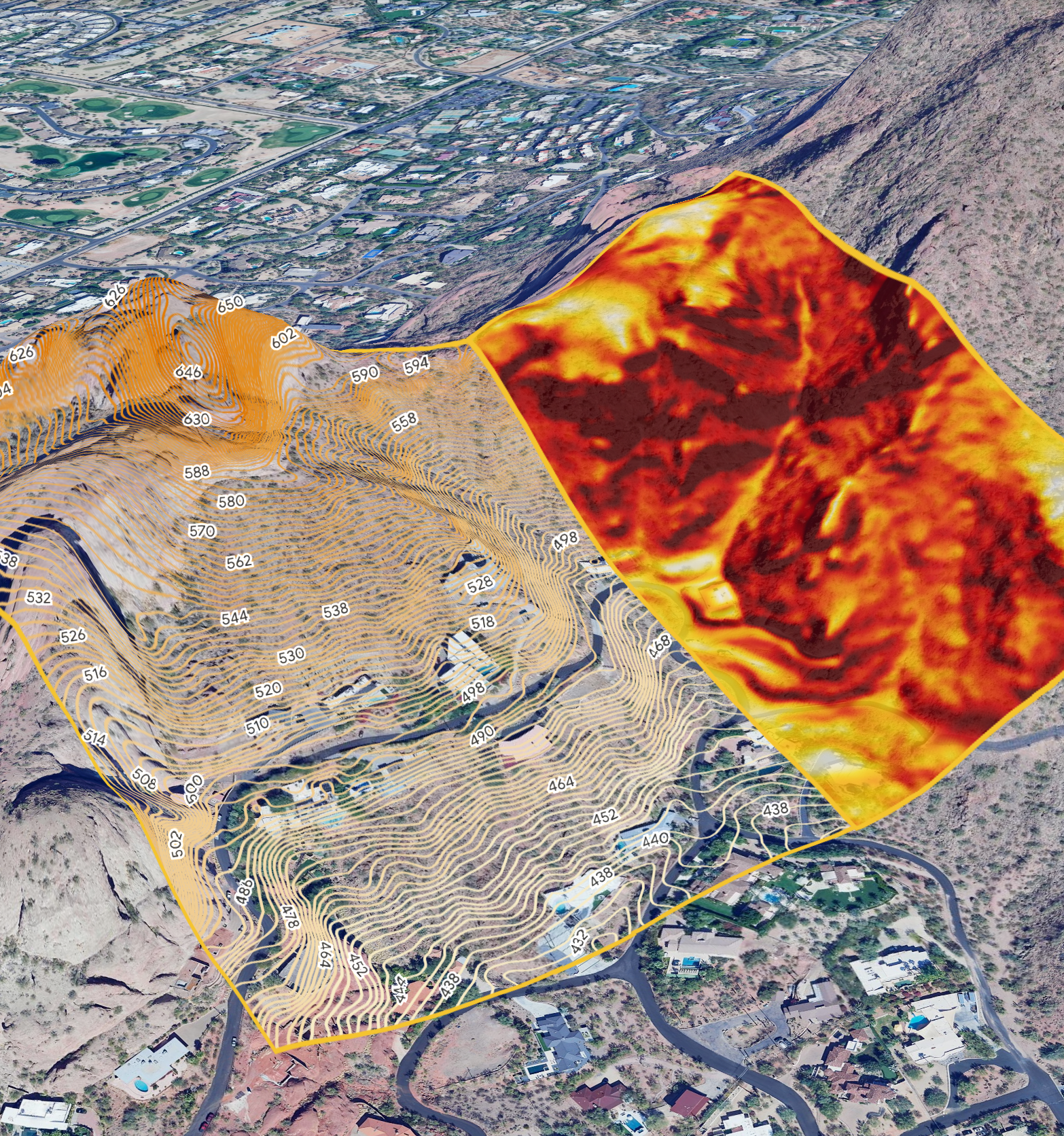Aerial 3D map of a hillside community with zones showing topographic contour lines and heat-mapped slope analysis.